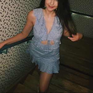 Blue mini dress with waist cutout summer dress